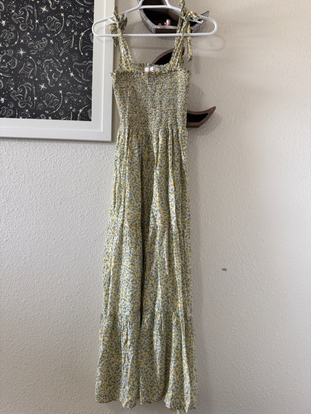 Xirena Dress S Womens Cotton Silk Yellow Floral Smocked Tiered Maxi Tie Strap